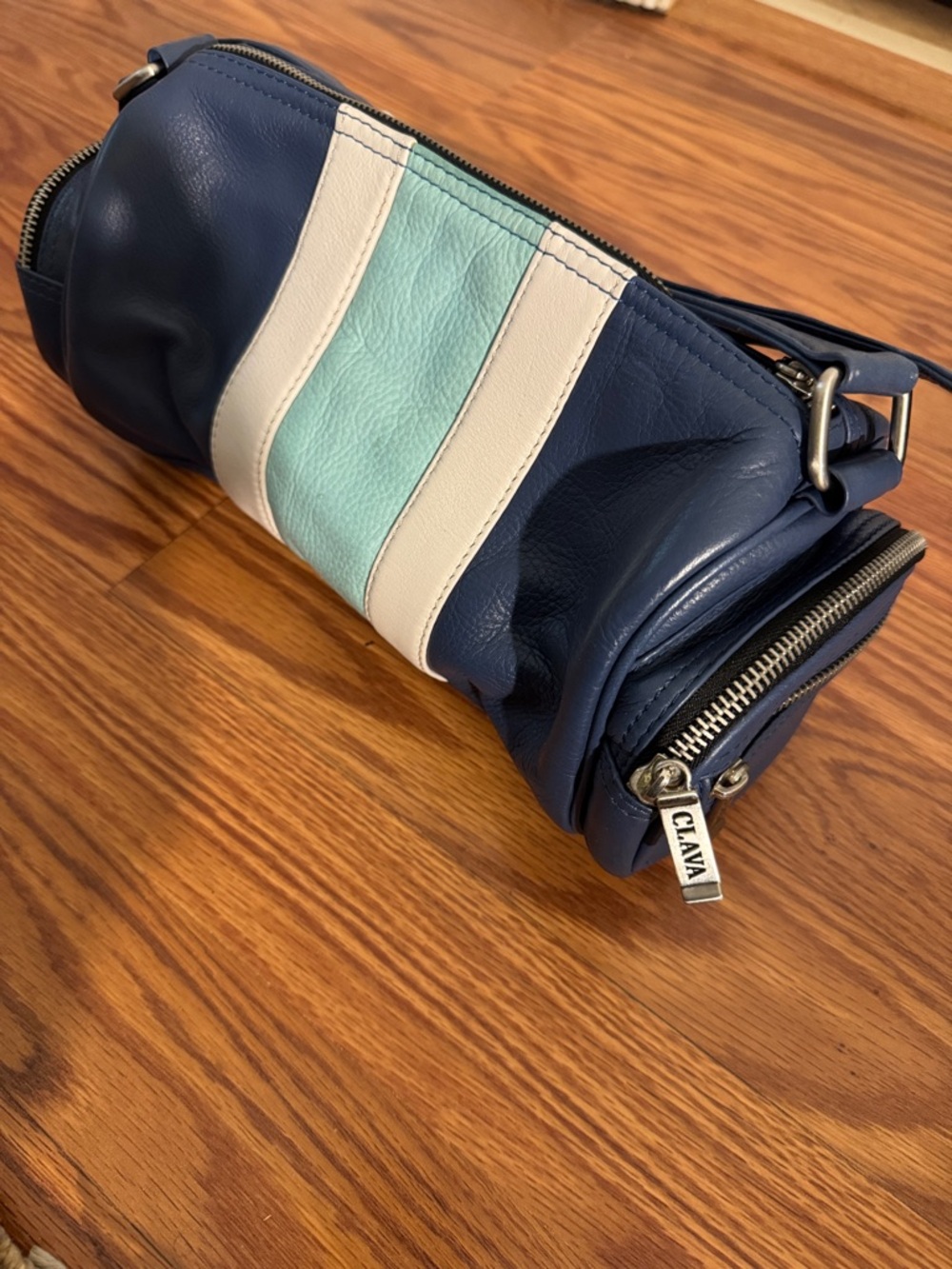CLAVA Navy Shoulder Bag with White and Mint Stripes